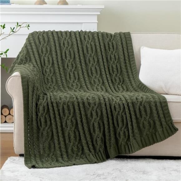 Olive Green Throw Blanket Chunky Cable Knit Soft Cozy Chenille Blanket for Couch - Picture 2 of 7